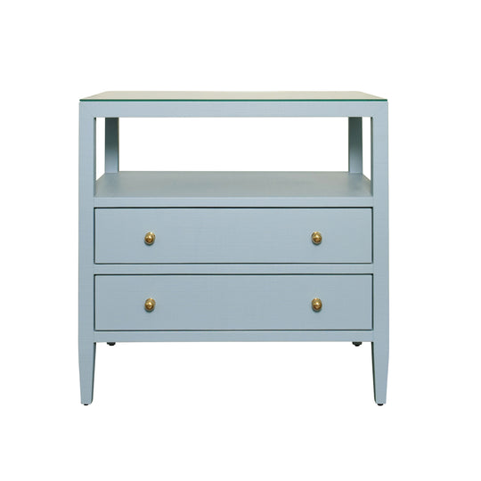 Two Drawer Side Table With Open Top Shelf In Textured Light Blue Linen With Polished Brass Knobs - DOUGLAS LB