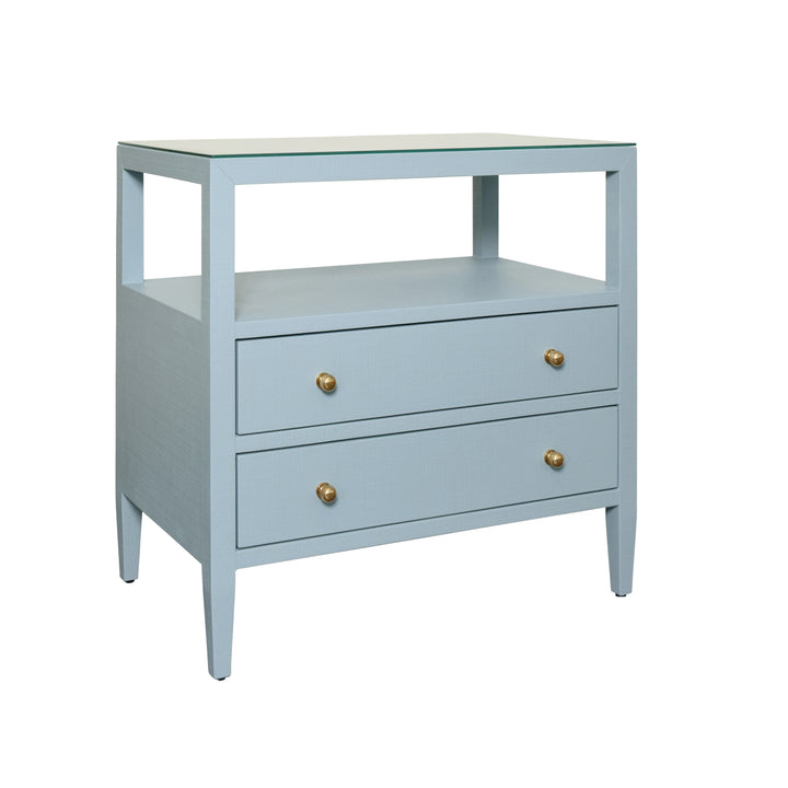 Two Drawer Side Table With Open Top Shelf In Textured Light Blue Linen With Polished Brass Knobs - DOUGLAS LB