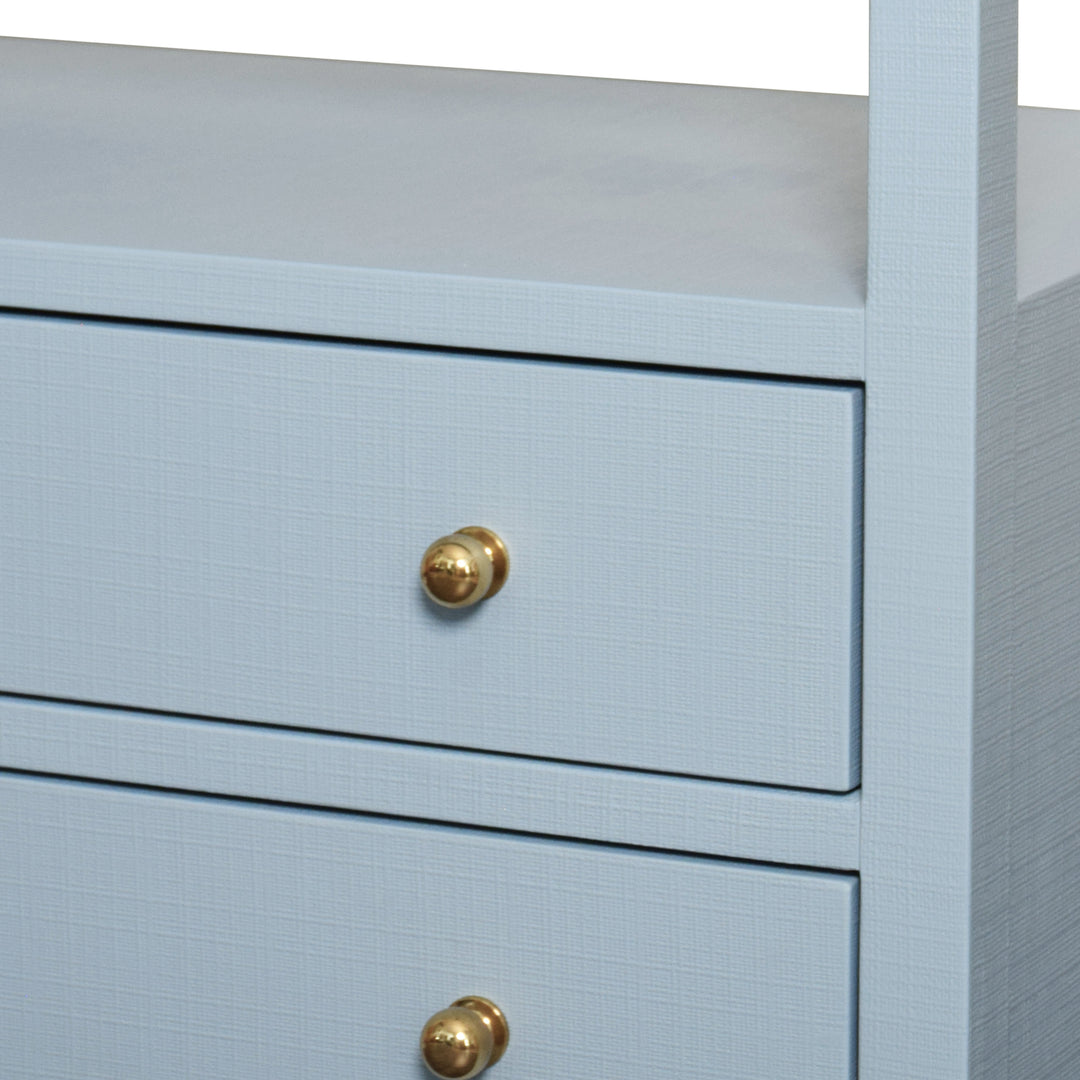 Two Drawer Side Table With Open Top Shelf In Textured Light Blue Linen With Polished Brass Knobs - DOUGLAS LB