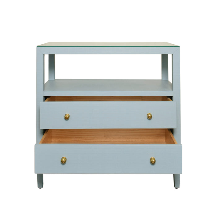 Two Drawer Side Table With Open Top Shelf In Textured Light Blue Linen With Polished Brass Knobs - DOUGLAS LB