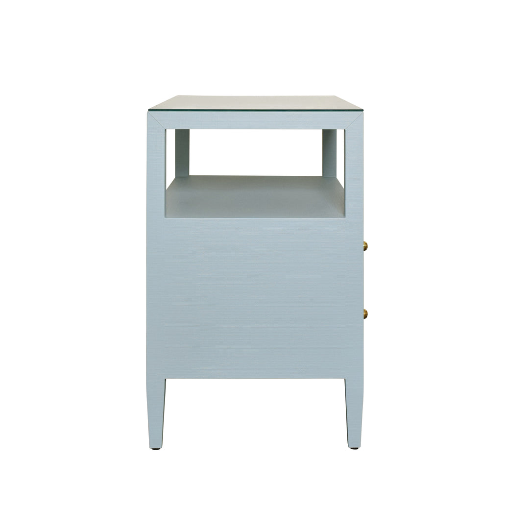Two Drawer Side Table With Open Top Shelf In Textured Light Blue Linen With Polished Brass Knobs - DOUGLAS LB
