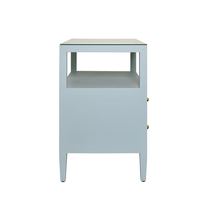 Two Drawer Side Table With Open Top Shelf In Textured Light Blue Linen With Polished Brass Knobs - DOUGLAS LB