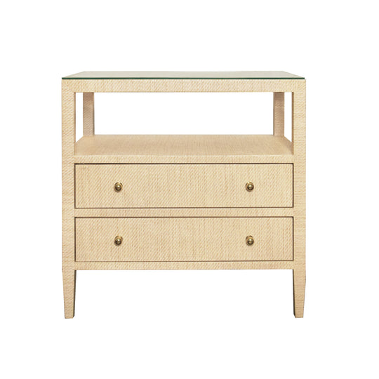 Two Drawer Side Table With Open Top Shelf In Natural Grasscloth With Polished Brass Knobs - DOUGLAS NAT