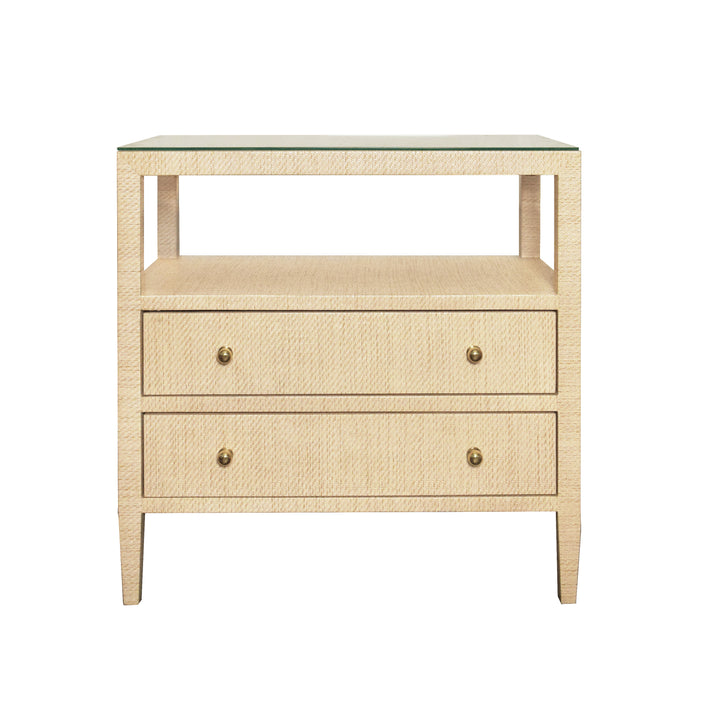 Two Drawer Side Table With Open Top Shelf In Natural Grasscloth With Polished Brass Knobs - DOUGLAS NAT