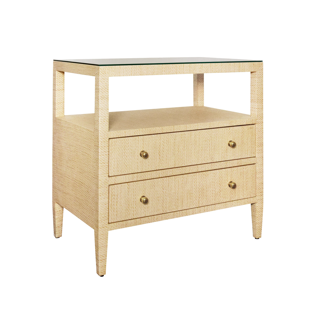 Two Drawer Side Table With Open Top Shelf In Natural Grasscloth With Polished Brass Knobs - DOUGLAS NAT