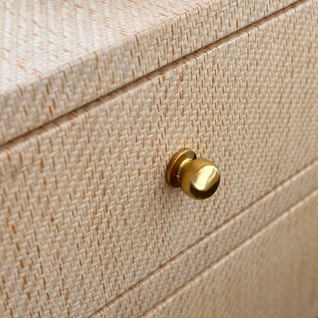 Two Drawer Side Table With Open Top Shelf In Natural Grasscloth With Polished Brass Knobs - DOUGLAS NAT