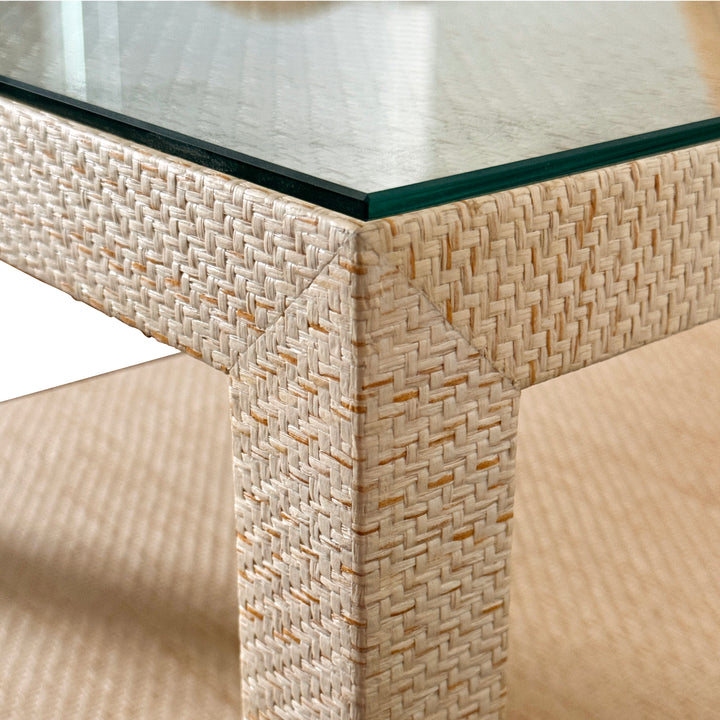 Two Drawer Side Table With Open Top Shelf In Natural Grasscloth With Polished Brass Knobs - DOUGLAS NAT