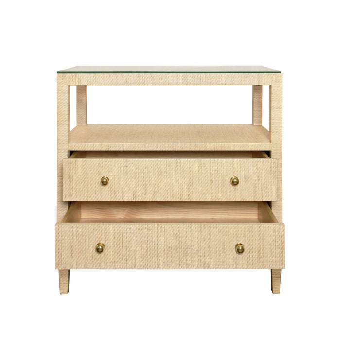 Two Drawer Side Table With Open Top Shelf In Natural Grasscloth With Polished Brass Knobs - DOUGLAS NAT