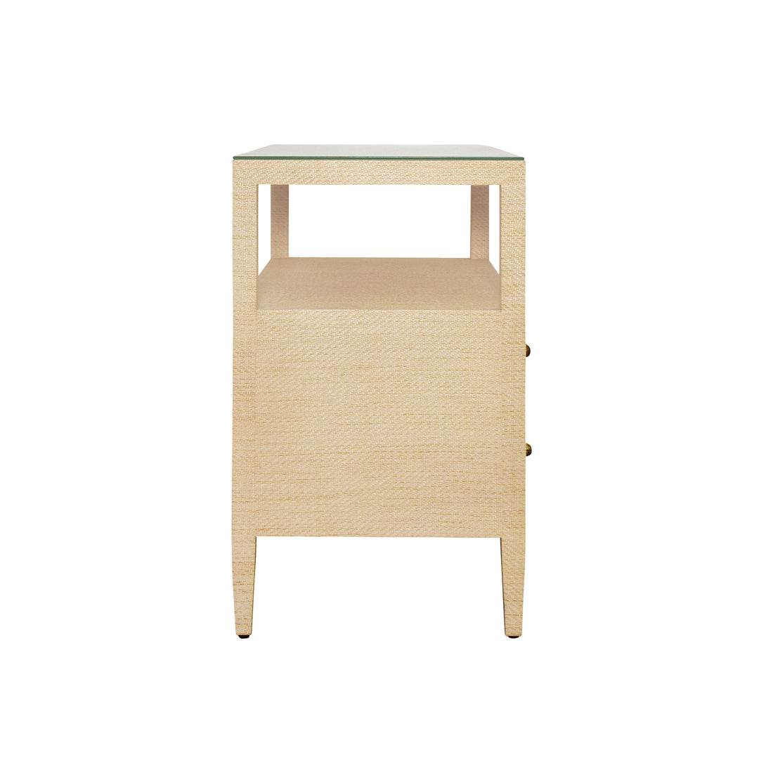 Two Drawer Side Table With Open Top Shelf In Natural Grasscloth With Polished Brass Knobs - DOUGLAS NAT