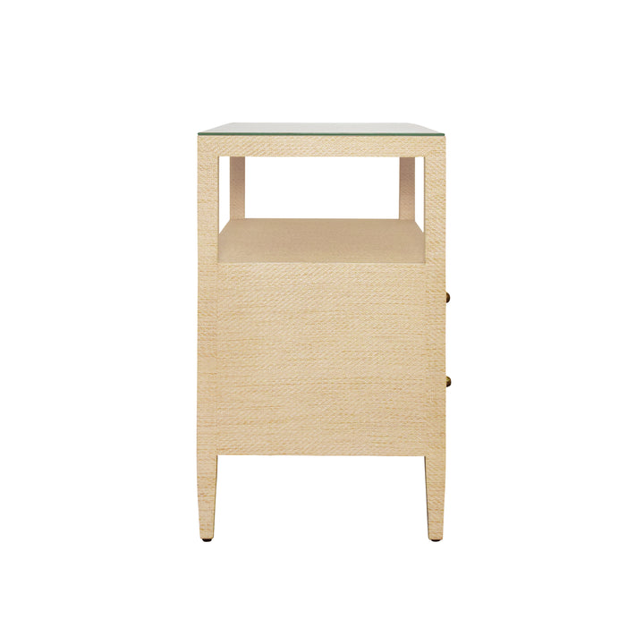 Two Drawer Side Table With Open Top Shelf In Natural Grasscloth With Polished Brass Knobs - DOUGLAS NAT