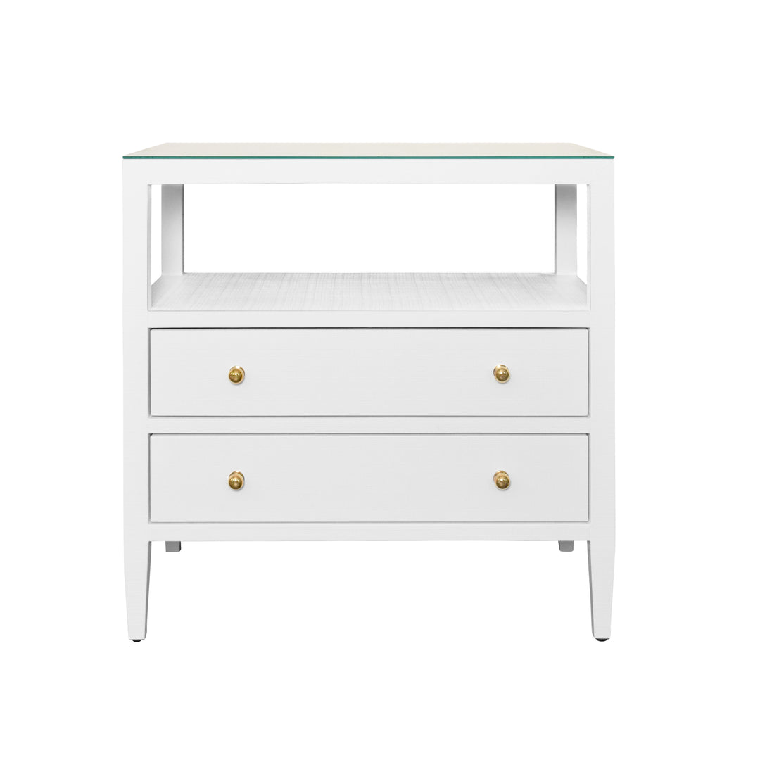 Two Drawer Side Table With Open Top Shelf In Textured White Linen With Polished Brass Knobs - DOUGLAS WH