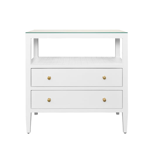 Two Drawer Side Table With Open Top Shelf In Textured White Linen With Polished Brass Knobs - DOUGLAS WH
