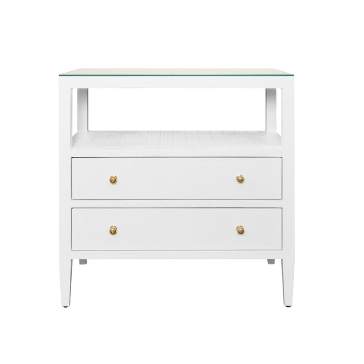 Two Drawer Side Table With Open Top Shelf In Textured White Linen With Polished Brass Knobs - DOUGLAS WH