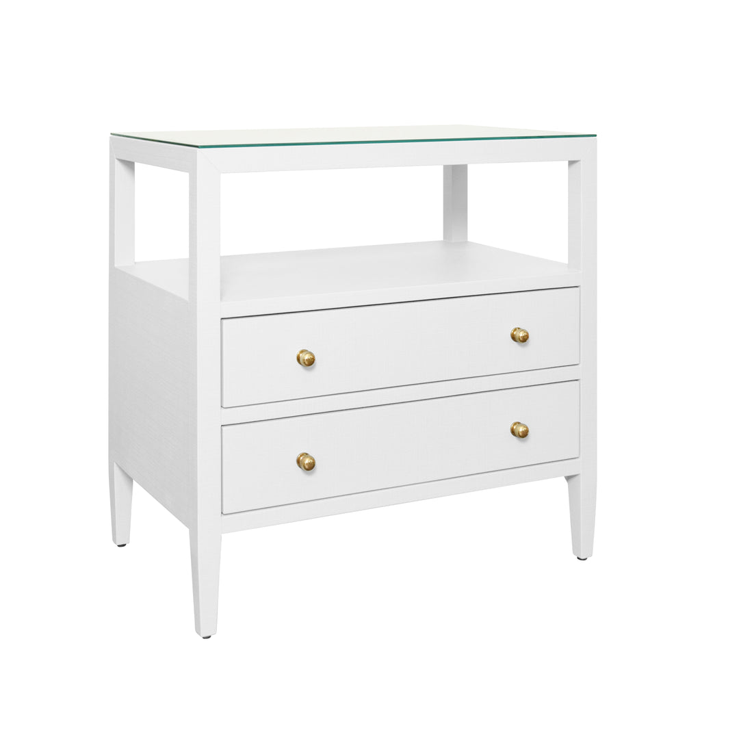 Two Drawer Side Table With Open Top Shelf In Textured White Linen With Polished Brass Knobs - DOUGLAS WH