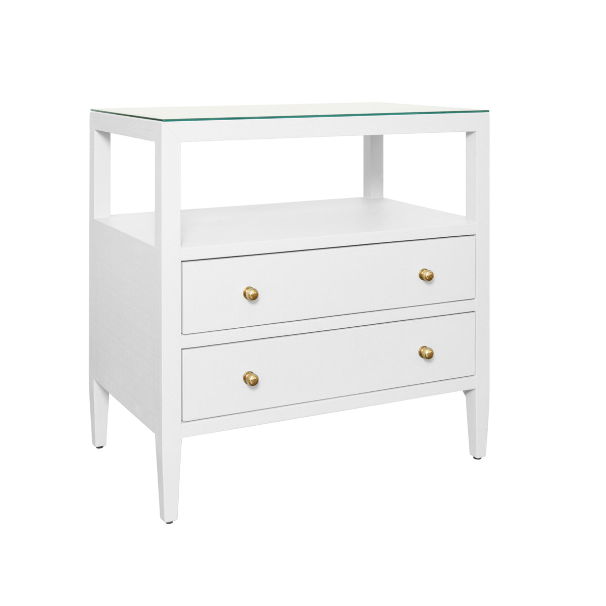 Two Drawer Side Table With Open Top Shelf In Textured White Linen With Polished Brass Knobs - DOUGLAS WH