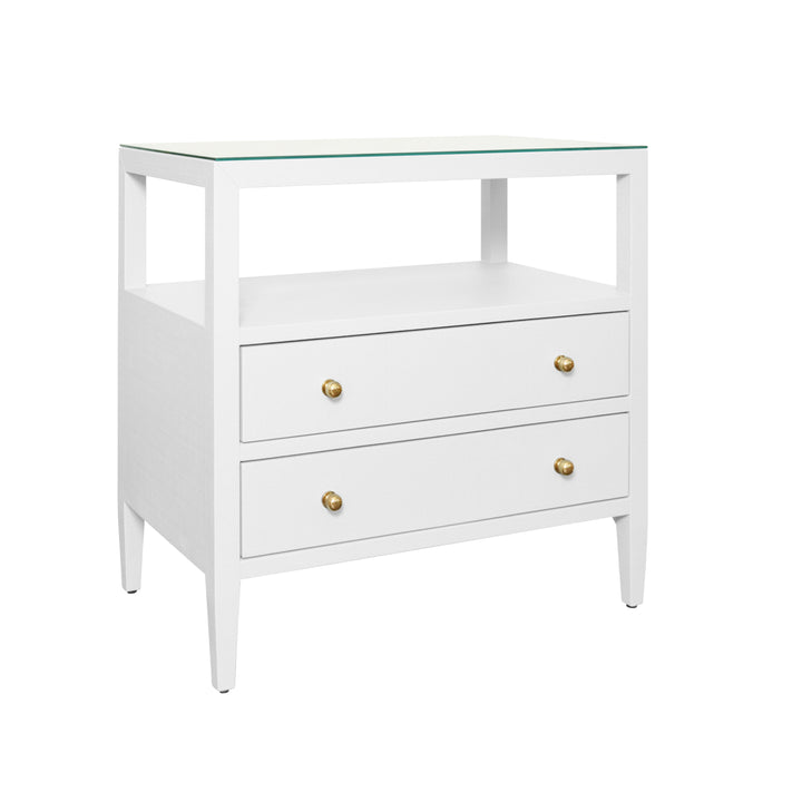 Two Drawer Side Table With Open Top Shelf In Textured White Linen With Polished Brass Knobs - DOUGLAS WH