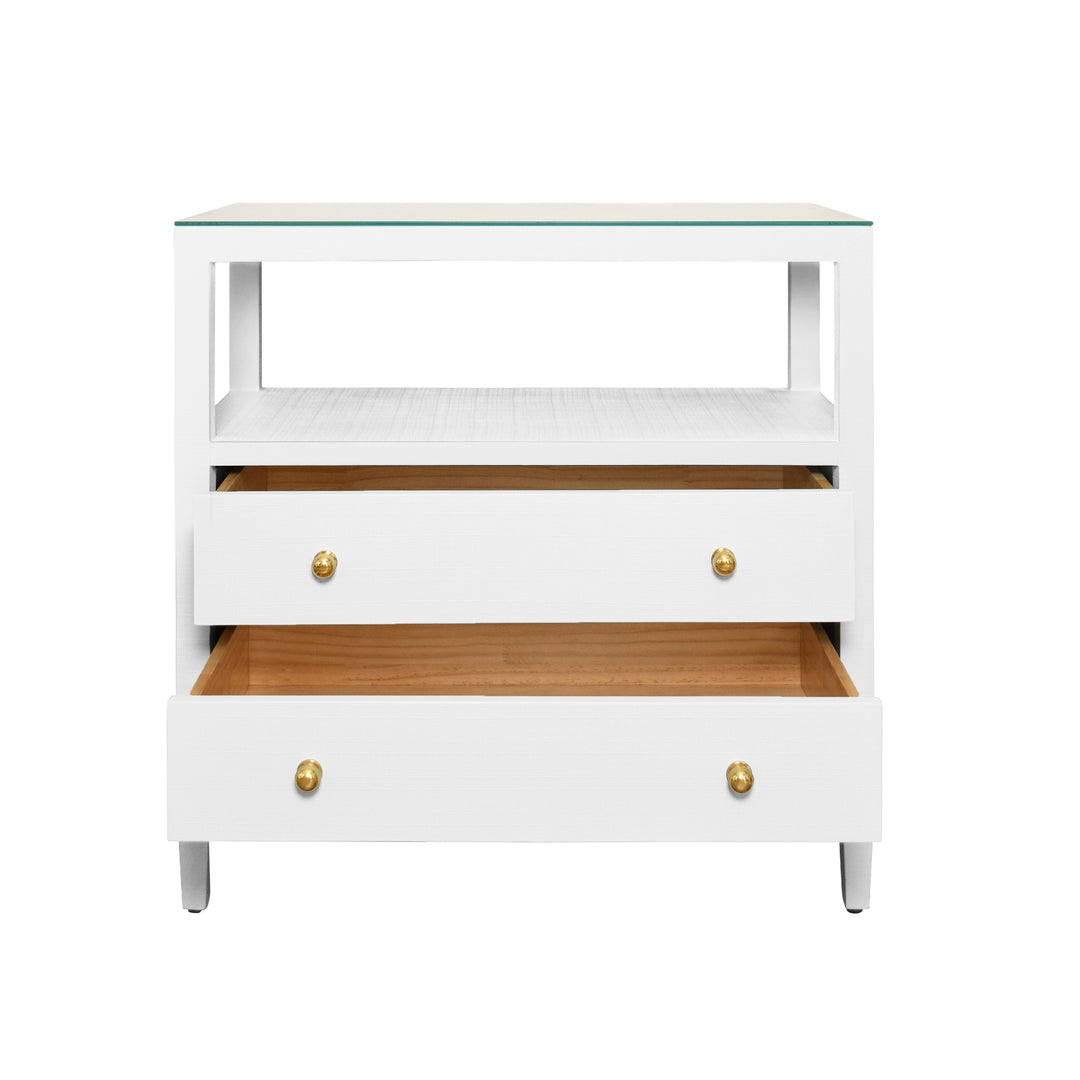 Two Drawer Side Table With Open Top Shelf In Textured White Linen With Polished Brass Knobs - DOUGLAS WH
