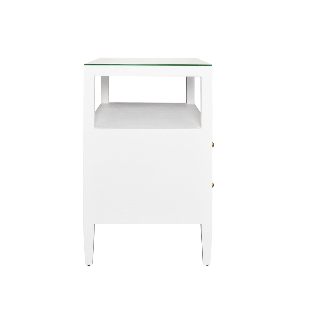 Two Drawer Side Table With Open Top Shelf In Textured White Linen With Polished Brass Knobs - DOUGLAS WH