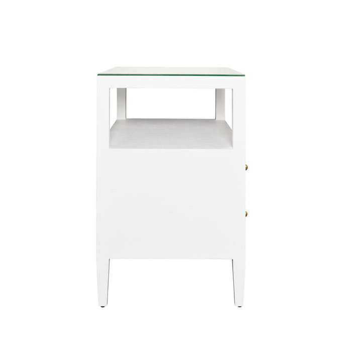 Two Drawer Side Table With Open Top Shelf In Textured White Linen With Polished Brass Knobs - DOUGLAS WH