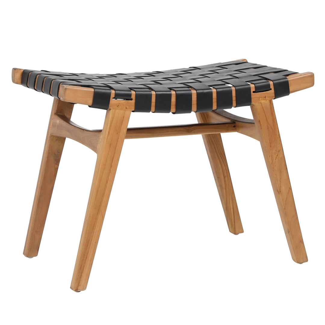 Camella Stool Natural teak black leather - AmericanHomeFurniture