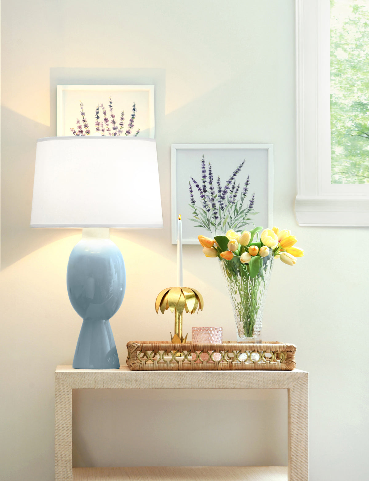 Tall Bulb Shape Ceramic Table Lamp With White Linen Shade In Light Blue - DOVER LBL