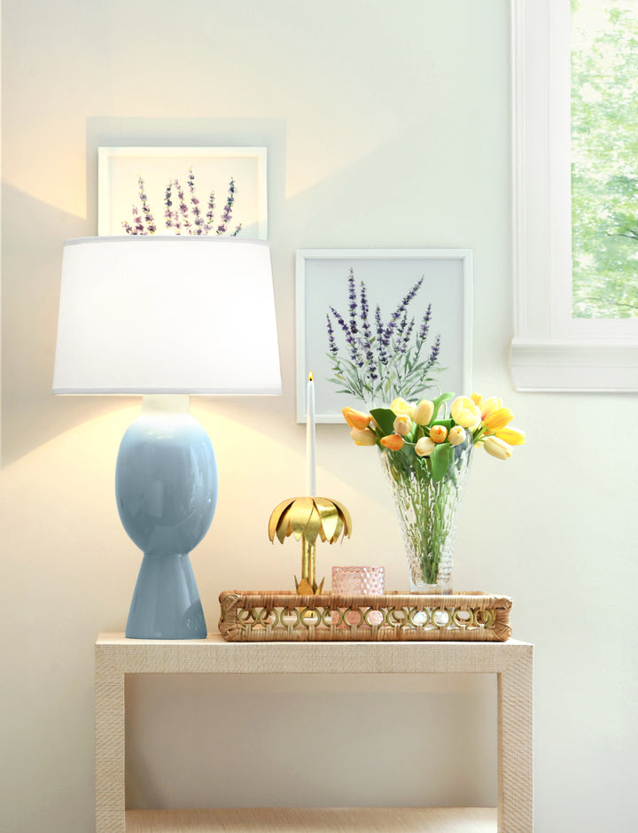 Tall Bulb Shape Ceramic Table Lamp With White Linen Shade In Light Blue - DOVER LBL
