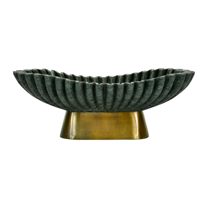 Oval Fluted Green Marble Bowl With Brass Base - DRAGO