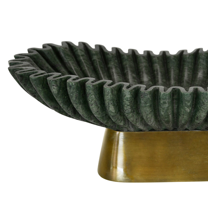Oval Fluted Green Marble Bowl With Brass Base - DRAGO