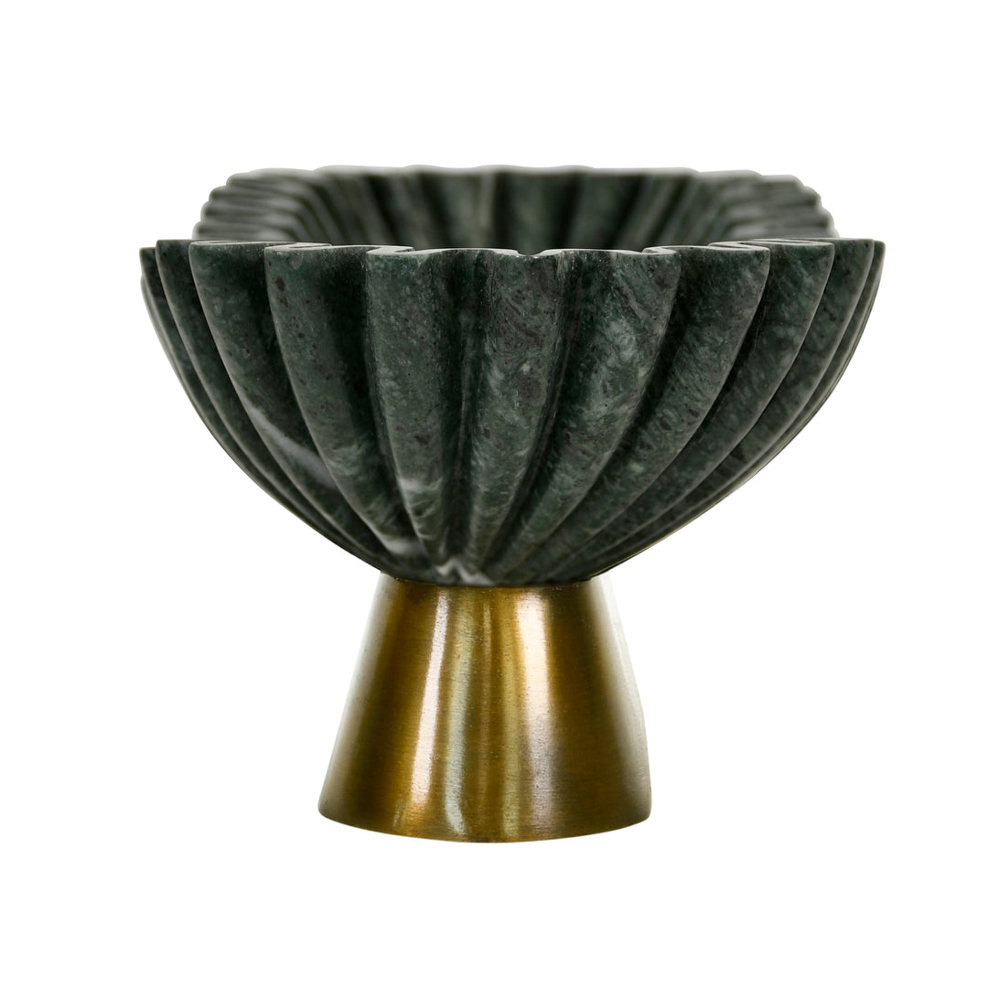 Oval Fluted Green Marble Bowl With Brass Base - DRAGO
