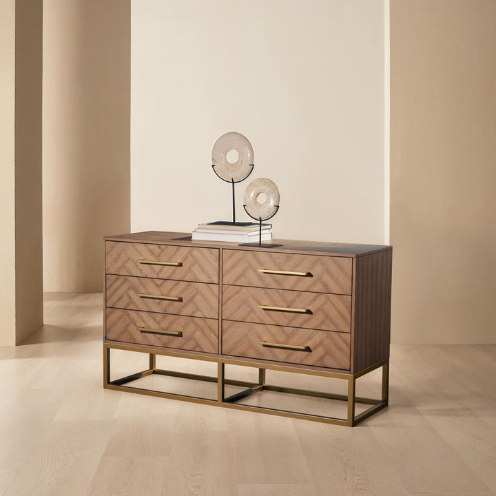 56"W x 18"D x 32"H / Rustic Oak/Gold