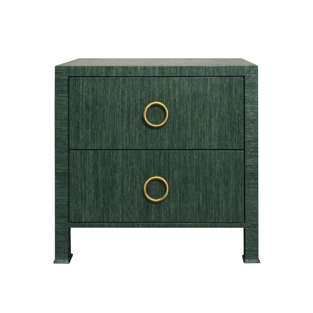 Two Drawer Side Table With Antique Brass Circle Hardware In Dyed Green Grasscloth - EDELMAN GR