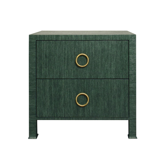 Two Drawer Side Table With Antique Brass Circle Hardware In Dyed Green Grasscloth - EDELMAN GR
