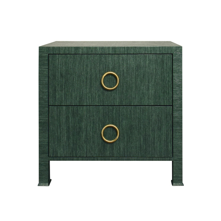 Two Drawer Side Table With Antique Brass Circle Hardware In Dyed Green Grasscloth - EDELMAN GR