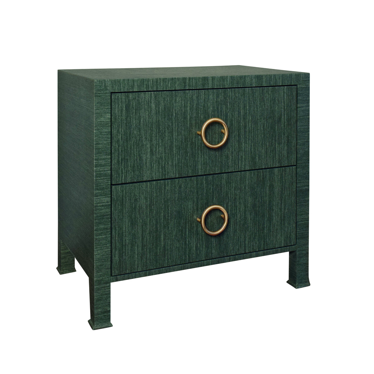 Two Drawer Side Table With Antique Brass Circle Hardware In Dyed Green Grasscloth - EDELMAN GR