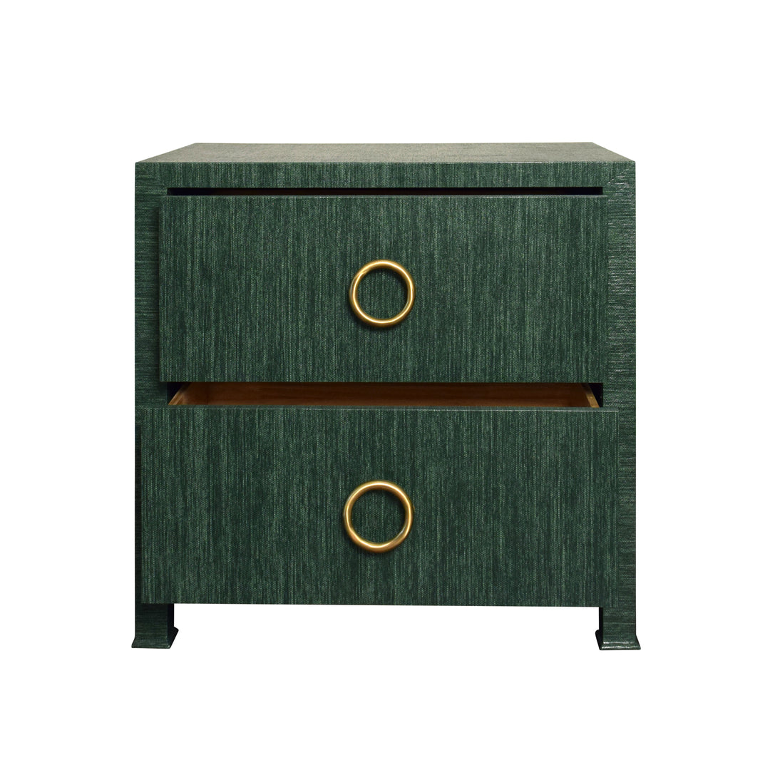 Two Drawer Side Table With Antique Brass Circle Hardware In Dyed Green Grasscloth - EDELMAN GR