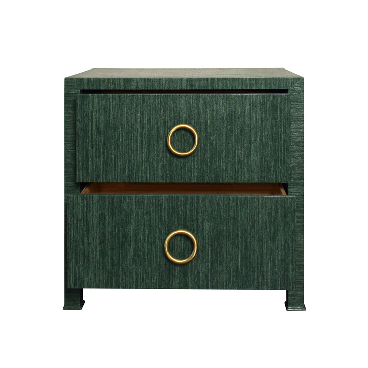 Two Drawer Side Table With Antique Brass Circle Hardware In Dyed Green Grasscloth - EDELMAN GR