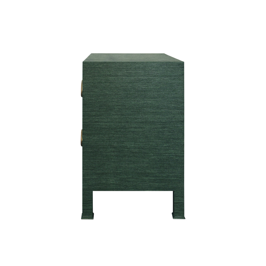 Two Drawer Side Table With Antique Brass Circle Hardware In Dyed Green Grasscloth - EDELMAN GR