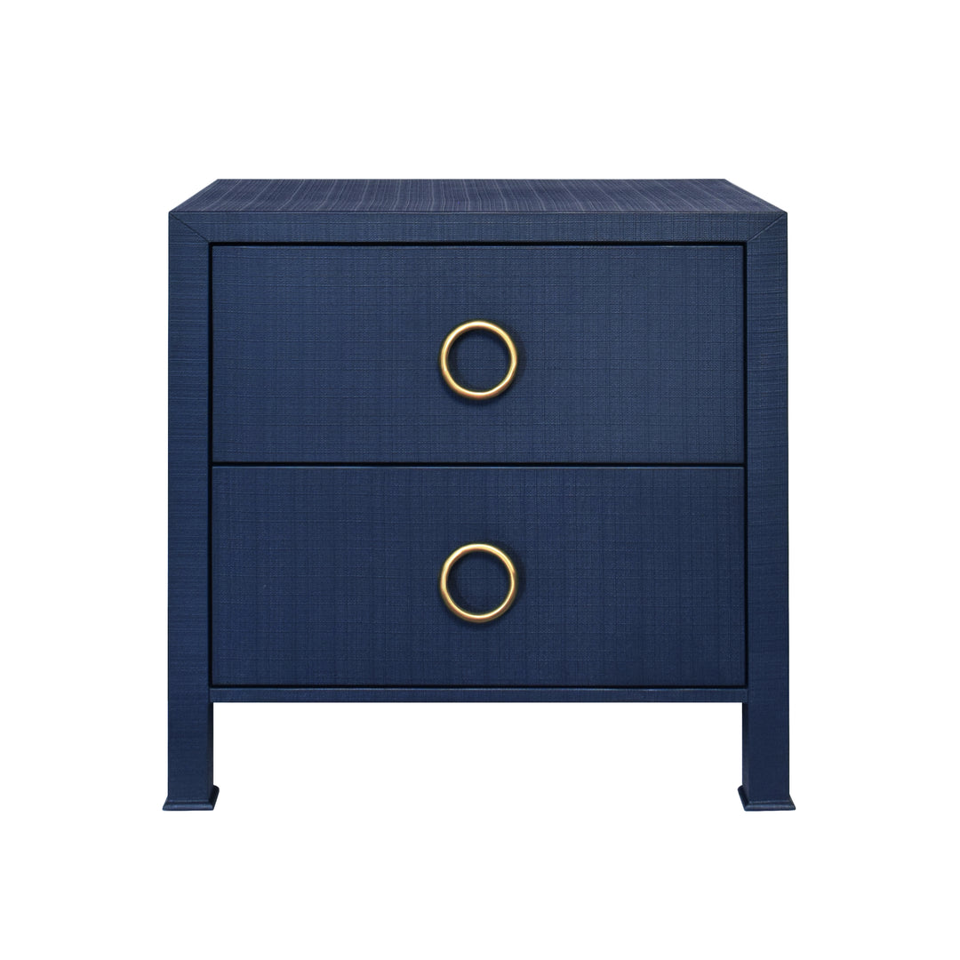 Two Drawer Side Table With Antique Brass Circle Hardware In Textured Navy Linen - EDELMAN NVY