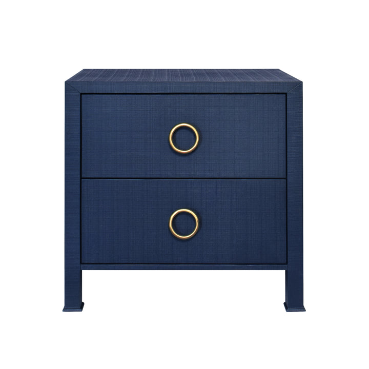 Two Drawer Side Table With Antique Brass Circle Hardware In Textured Navy Linen - EDELMAN NVY
