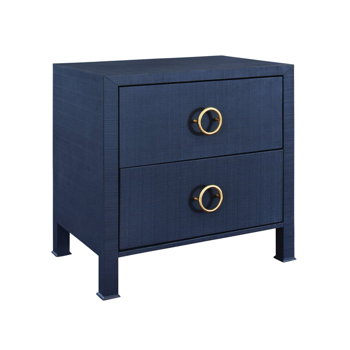 Two Drawer Side Table With Antique Brass Circle Hardware In Textured Navy Linen - EDELMAN NVY