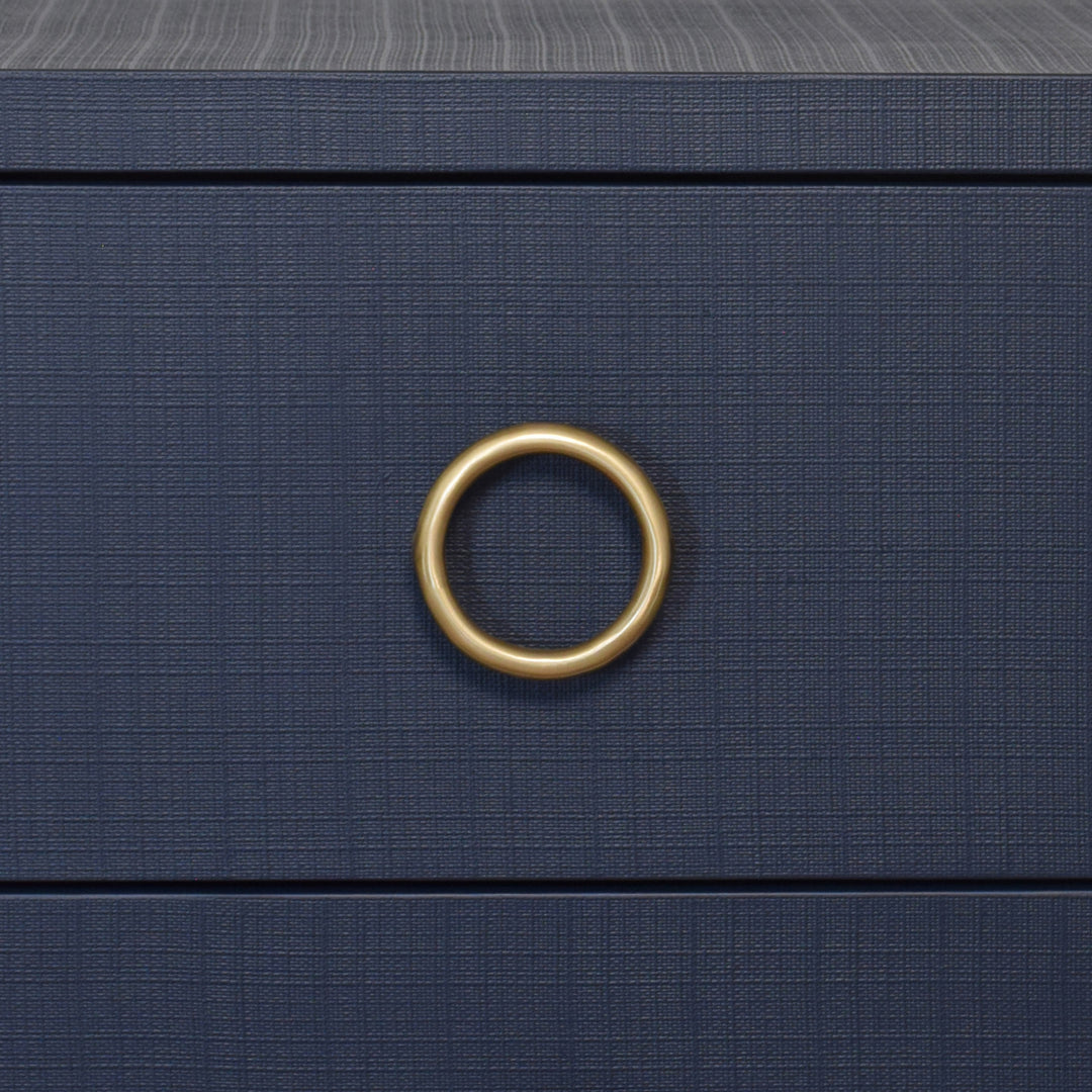 Two Drawer Side Table With Antique Brass Circle Hardware In Textured Navy Linen - EDELMAN NVY