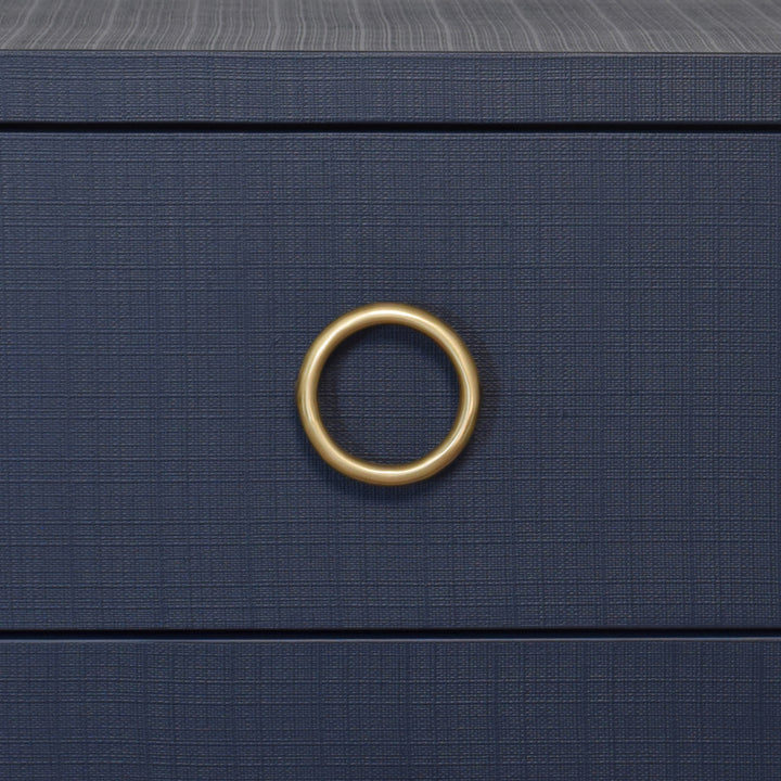 Two Drawer Side Table With Antique Brass Circle Hardware In Textured Navy Linen - EDELMAN NVY
