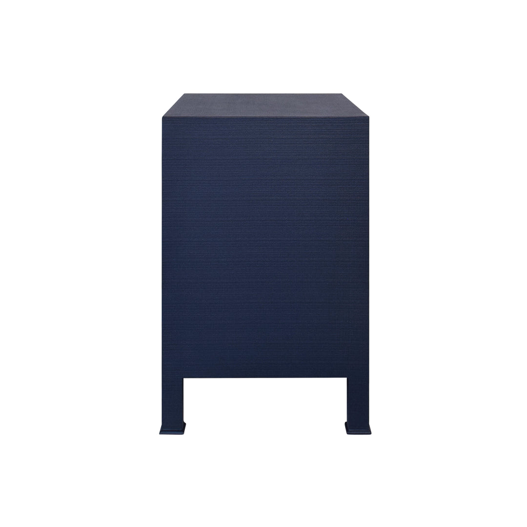 Two Drawer Side Table With Antique Brass Circle Hardware In Textured Navy Linen - EDELMAN NVY