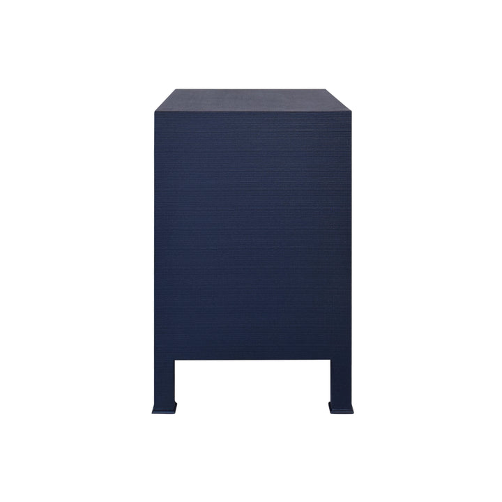 Two Drawer Side Table With Antique Brass Circle Hardware In Textured Navy Linen - EDELMAN NVY