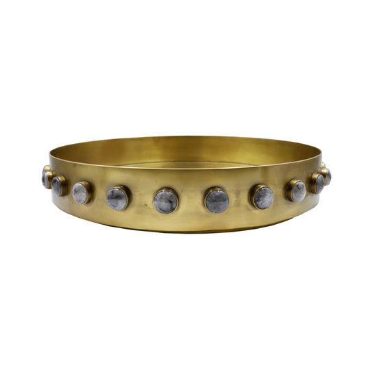 Round Brass Tray With Inset Mirror And Resin Appliques - EDWIN