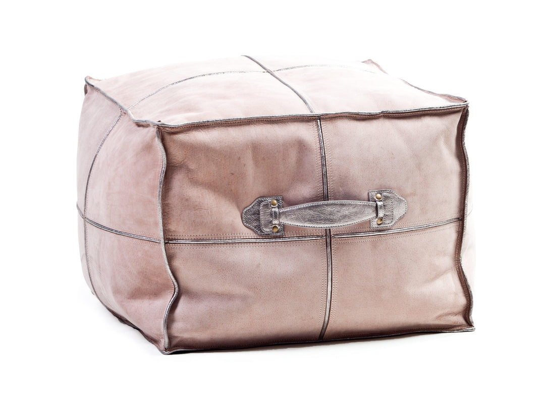 Pink Suede Leather Ottoman with Silver Leather Handle - AmericanHomeFurniture