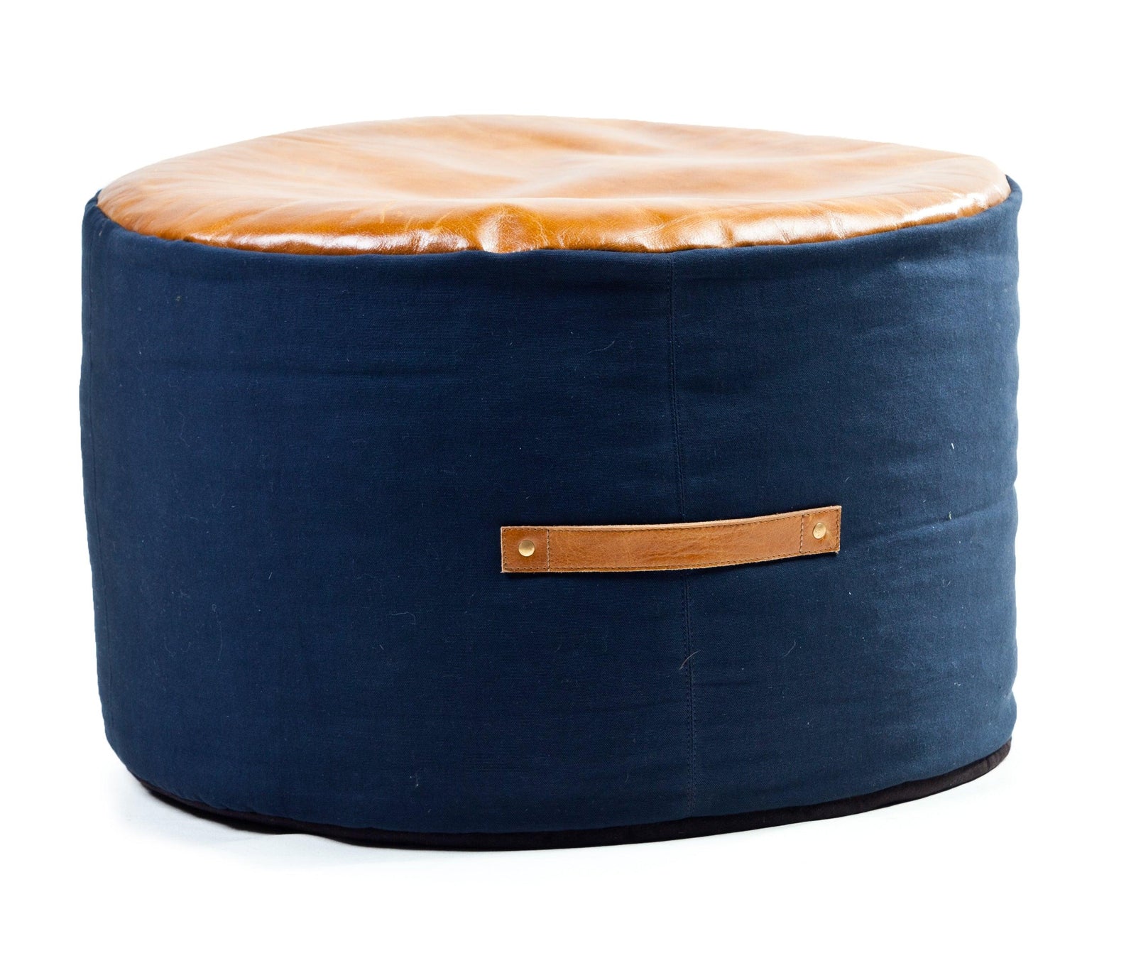 Fibre by Auskin - Cotton Navy Pouf with Leather Chestnut Top and Handle accents - EEOP017PF4X4X4C | American Home Furniture