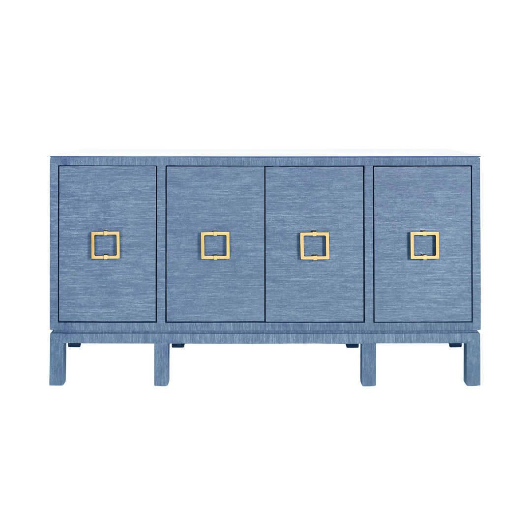 Four Door Buffet With Large Brass Square Hardware In Blue Dyed Grasscloth - EFFIE BL