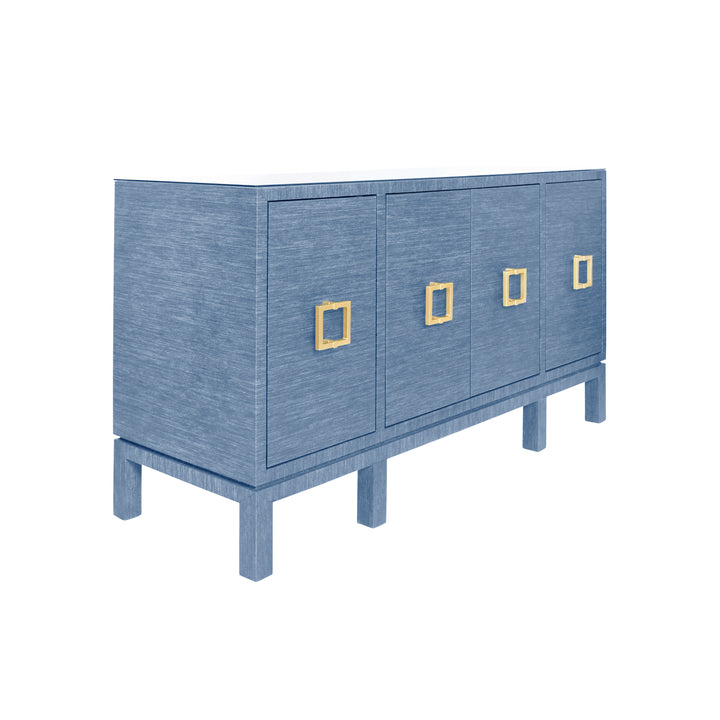 Four Door Buffet With Large Brass Square Hardware In Blue Dyed Grasscloth - EFFIE BL