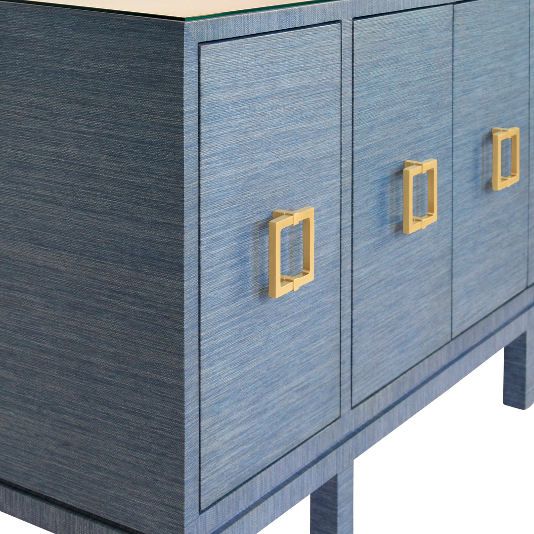 Four Door Buffet With Large Brass Square Hardware In Blue Dyed Grasscloth - EFFIE BL